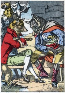 Der Wolf trifft wieder auf den Fuchs. Illustration aus dem Märchen „Compere le Loup, Maitre Renard, Comere la Chevre et ses petits biquets“ nach einer Fabel von Jean de La Fontaine. In „Märchen aus dem Heim für die Kleinen“. Anonyme Gravur aus dem 19. Jahr von Unknown artist