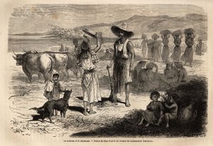 Die Arbeit der Ernte, Ernte und Entkörnung von Weizen, in Djurjura (Algerien); Frauen sitzen im Kreis und schlagen die Ähren mit runden Hämmern, andere werfen das Stroh und die Körner mit einem großen Sieb in den Wind, dann fegen sie den Boden, um das Korn von Unknown artist