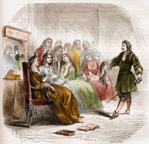 Der Schriftsteller Georges de Scudéry (1598-1667) während eines literarischen Salons, organisiert von seiner Schwester Madeleine de Scudéry, im Jahr 1650. Gravur aus 1860-1861 von Unknown artist