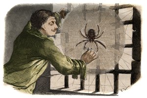 Der Schriftsteller Paul Pellisson (Paul Pellisson-Fontanier genannt) (Pellisson Fontanier) (1624-1693) zähmt eine Spinne während seiner Gefangenschaft in der Bastille. Gravur von 1858 in „Le Musée Des Sciences“ von Unknown artist