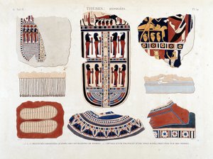 Theben, Hypogäen: 1.2.3.6.7.8. Malereien von Mumienhüllen 4.5. Details einer Fransen und einer gestreiften Leinwand, gefunden auf Mumien - in „Beschreibung von Ägypten“ 1809, Antiquitäten Bd. 2 Pl. 112 von Unknown artist
