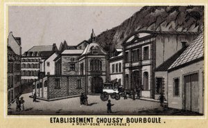 Thermalanlagen von Choussy in Bourboule im Monts Dore-Massiv, im Departement Puy-de-Dome in der Auvergne. Chromolithographie aus dem späten 19. Jahrhundert von Unknown artist