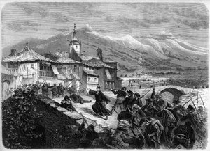 Dritter Carlistenkrieg (1872-1876): Schlacht zwischen Regierungstruppen und einer Carlistenbande in Navarra, Spanien. (L