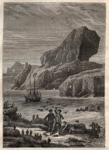 Dritte Reise (1776-1779) von Kapitän James Cook (1728-1779): die Kergueleninseln (Kerguelen-Archipel, Antarktis) - Illustration aus „Die großen Seefahrer des 18. Jahrhunderts“