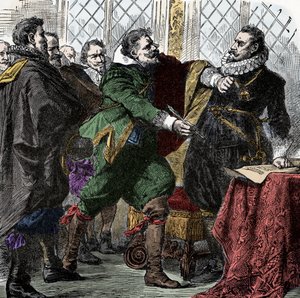 Dreißigjähriger Krieg: Unterschreib es, Nandel! - Dreißigjähriger Krieg (1618-1648): Graf Paul Jakob von Starhemberg (1560-1635) bittet Kaiser Ferdinand II. (1578-1637), ein Abkommen zur Wiederherstellung des Friedens in Böhmen zu unterzeichnen von Unknown artist