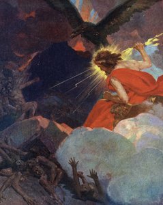 Titanomachie: Darstellung von Zeus siegreich über die Titanen, Gravur aus „Meine schönen mythologischen Geschichten“ von HS Bres, Anfang 20. Jahrhundert