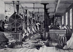 Tabakfabrik, Waschraum und Tabakverarbeitung. Gravur um 1867. Paris, Musée Carnavalet