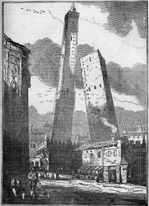 Türme von Bologna - der Asinelli-Turm und der kleinere Garisenda-Turm - Gravur 19. Jahrhundert