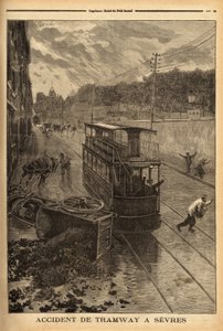 Straßenbahnunfall in Sèvres, Sachschaden aber keine Verletzungen. Gravur in „Le petit journal“ 24/01/1897. Selva-Sammlung