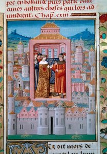 Vertrag von Conflans am 5.10.1465 zwischen König Ludwig XI. und Karl von Charolais. Miniatur aus „Les chroniques de Monstrelet“ von Enguerrand de Monstrelet, 15. Jahrhundert