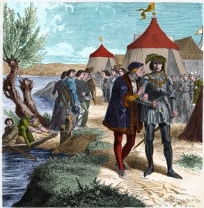 Vertrag von Conflans am 5.10.1465 zwischen dem König von Frankreich Ludwig XI. und Karl von Charolais (später Karl der Kühne), der den Aufstand der Adligen oder die Liga des Gemeinwohls beendete. Stich in „Histoire De France En Cent Tableaux“ von Paul Lehu von Unknown artist