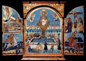 Triptychon der Jungfrau, Quelle des Lebens. Mitteltafel: Die Jungfrau überquert einen wundersamen Wasserbrunnen. Links die Auferstehung und die Kreuzabnahme. Unten ein Ritter (St. Georg), der einen Drachen niederschlägt. Rechts die Kreuzigung und ein Ritte