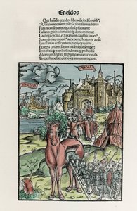 Troja: Griechische Krieger verlassen das Pferd, nachdem es die Stadtmauern überquert hat. Eneide. Holzschnitt von Sebastian Brant. Straßburg von Unknown artist