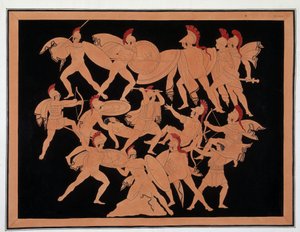 Trojanischer Krieg - in der Mitte: Menelaos verteidigt den Körper von Patroklos mit seinem Schild, Ajax bewaffnet mit einer Axt schlägt Hippothous, Merion schießt seine Pfeile, greift die Trojaner an, um den Körper von Patroklos zu holen - Oben im Bild: re