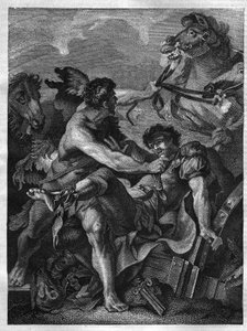 Zwölf Arbeiten des Herkules: Diomedes wird von Herkules getötet und von seinen eigenen Pferden gefressen. Gravur nach dem Gemälde von Jean-Baptiste-Marie Pierre (1714-1789) von Unknown artist