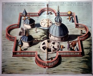 Tycho Brahes „Sternburg“-Observatorium auf der dänischen Insel Hven im Sund (1584) - basierend auf einer Kupfergravur der Zeit. „Novus Atlas“