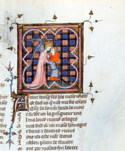 „Ein Engel umarmt einen Mann“ Illustrierte Seite aus dem Manuskript „Le Roman de la Rose“ von Guillaume de Lorris (ca. 1200-1238) und Jean de Meun (1240-1305) um 1353, Schweiz, Bibliothek von Genf von Unknown artist