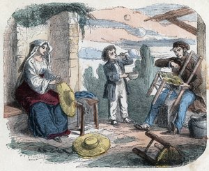 Verwendung von Stroh im 19. Jahrhundert: ein Mann polstert einen Stuhl mit Stroh, eine Frau flechtet Hüte (Korbflechterei), ein Kind macht Seifenblasen mit einem Strohhalm. Gravur Ende des 19. Jahrhunderts.