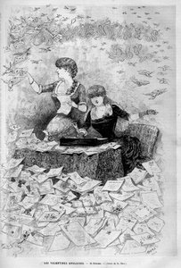 Valentinstag (Valentinstag) 14. Februar: Englische Valentins schreiben und erhalten Liebesbriefe von ihren Valentins. Gravur in „Le Monde illustré“ 1883. Private Sammlung. von Unknown artist