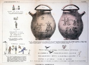 Verschiedene Illustrationen und Inschriften, die von Kriminellen auf Keramikvasen hinterlassen wurden: Studie von Cesare Lombroso (1835-1909), italienischer Kriminologe in „Der kriminelle Mensch“ (L