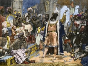 Vasco da Gama übergibt den Brief von König Manuel von Portugal an den Samorim von Calicut - nach einem Gemälde