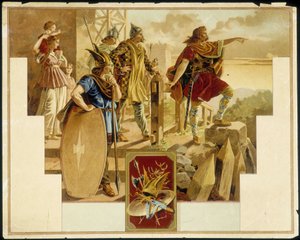 Vercingetorix, umgeben von Galliern, Kriegern, Frauen und Kindern (Chromolithografie)