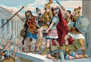 Vespasian (lateinisch Titus Flavius Vespasianus) (9-79) wurde von seinen Soldaten zum Kaiser ausgerufen. Chromolithographie um 1890.