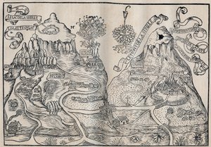 Ansicht des Mount Sibille (Paradies der Königin Sybille) (Doppelte Karte des Mount Pilatus und Mount Sibyl) - Antoine de La Sale (La Salle) französischer satirischer Schriftsteller des 15. Jahrhunderts von Unknown artist