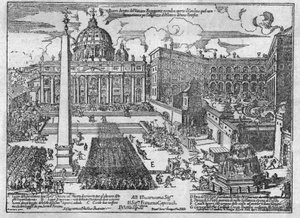 Ansicht des Petersplatzes während eines Konklaves zur Wahl eines neuen Papstes: die Menge verwüstete den Platz: es war eine Tradition: die Menge rannte, zum Zeitpunkt der Bekanntgabe der Wahl des neuen Papstes, zum Haus des gewählten Kardinals und verwüste von Unknown artist