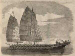 Ansicht eines chinesischen Piratenschiffs in Kanton. Gravur in „The Illustrated London News“ vom 31. Januar.