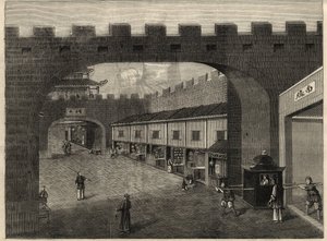 Ansicht einer Straße in den Stadtmauern von Guangzhou, China. Gravur in „The Illustrated London News“ vom 14. Februar 1857. von Unknown artist