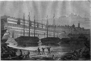 Ansicht der Corderies, des Bagne und des Turms von Saint Louis in Brest. In „The picturesque store“ 1835