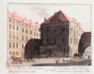 Ansicht des Hoftheaters am Kärntnertor in Wien, wo Beethovens 9. Symphonie am 07.05.1824 erstmals aufgeführt wurde. Österreich. Gravur von 1815. Private Sammlung