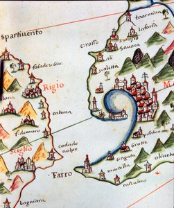 Ansicht der Meerenge von Messina zwischen Kalabrien und Sizilien in Italien. Detail des Portulans von Castellini von Unknown artist