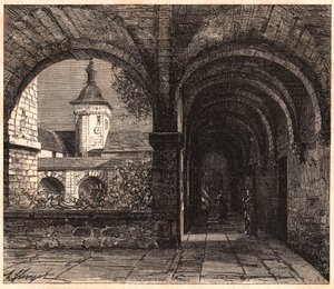 Blick auf den Kreuzgang der Abtei von Solesmes von der Galerie, Sarthe, Frankreich