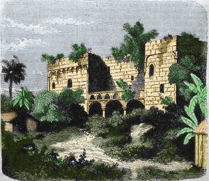 Ansicht des Hauses „Alcazar de Colón“, gebaut von Christoph Kolumbus für seinen Sohn Diego Kolumbus (1480-1526), auf einer Insel von Santo Domingo. Gravur des 19. Jahrhunderts von Unknown artist