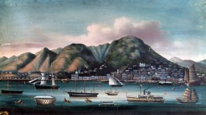 Ansicht des Hafens von Hongkong (Segelboote und Dampfschiff)
