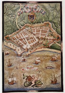 Ansicht des Hafens von Le Havre im Jahr 1583 - aus einem illuminierten Manuskript von Jacques Delvaux, Marinepilot, gewidmet Admiral de Joyeuse von Unknown artist