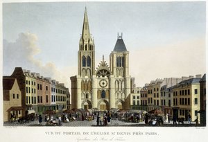 Ansicht des Portals der Kirche von St. Denis, nahe Paris, Begräbnisstätte der Könige von Frankreich, und Markt auf dem Platz - in „Paris par Courvoisier“