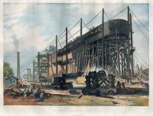Ansicht des Hecks des transatlantischen Liners „Great Eastern“ (Leviathan) im Bau auf der Werft an der Themse in London. Gravur in „The Illustrated London News“ vom 7. November 1857.