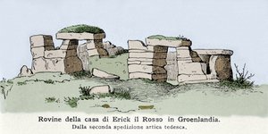 Wikinger: Ansicht der Ruinen des Hauses des Norwegers Erik der Rote (Erik Le Rouge) (940 oder 950-1003 oder 1010) in Grönland. Illustration aus dem 19. Jahrhundert