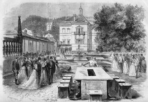 Besuch von Kaiser Franz Joseph und Kaiserin Elisabeth von Österreich mit Eugénie, Kaiserin der Franzosen, und Napoleon III. in der kaiserlichen Residenz von Hellbrunn in Österreich am 21. August. von Unknown artist