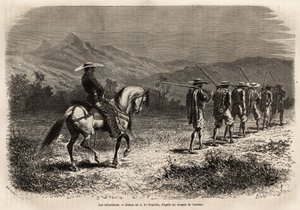 Freiwillige auf dem Weg nach Cali, eine lange Reihe von Männern mit hinter dem Rücken gefesselten Händen, verbunden durch ein Seil, das von einem berittenen Soldaten gehalten wird, der sie in ein militärisches Ausbildungslager bringt. Gravur zur Illustrati