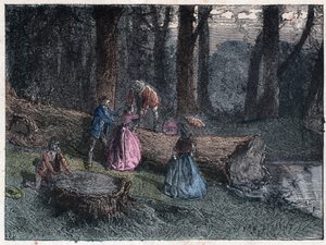 Spaziergänger versuchen, das Alter einer toten Eiche zu berechnen, indem sie den Baumstamm untersuchen. Gravur Ende des 19. Jahrhunderts. von Unknown artist