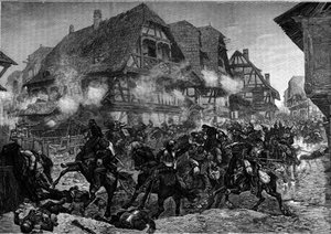 Krieg von 1870: der Angriff der 8. und 9. Schlachtschiffe durch die Straßen von Morsbronn (Elsass). Gravur in „Le Journal de la jeunesse“ von Unknown artist