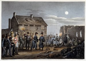 Wellington und Blücher treffen sich zufällig in Waterloo - in „Historische, militärische und marine Anekdoten und Vorfälle, die bei den Armeen von Britannien und ihren Verbündeten bis Waterloo auftraten“ von Edward Orme, ill. von Atkinson, London von Unknown artist
