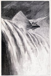 Geflügeltes Fahrzeug überquert einen Wasserfall, Ill. „Der Herr der Welt“, Jules Verne, Ende des 19. Jahrhunderts
