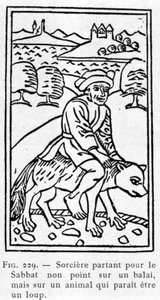 Hexe, die zum Sabbat aufbricht, nicht auf einem Besen, sondern auf einem Tier, das wie ein Wolf aussieht. von Unknown artist
