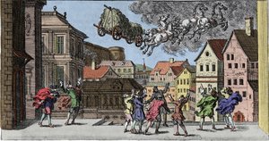 Hexerei und Glauben: Ein skandinavischer Magier provoziert einen Sturm, der ein Pferd und seinen mit Heu beladenen Wagen hebt. Gravur aus „Mundi Mirabilis Oeconomia“ von Johann Zahn (1631-1707).