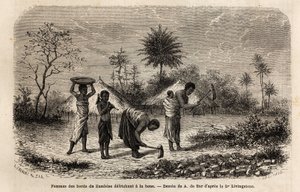 Frauen von den Ufern des Zambezi roden mit einer Hacke und führen Kinder in die landwirtschaftliche Arbeit ein. Gravur zur Illustration von Dr. Livingstones ersten Reisen nach Südafrika von 1840 bis 1856, in „Le tour du monde, nouveau journal des voyages“  von Unknown artist